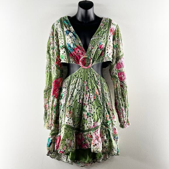 Hemant & Nandita Zaira Eyelet Floral Long Sleeve Mini Cut Out Dress Green XL - Picture 3 of 7